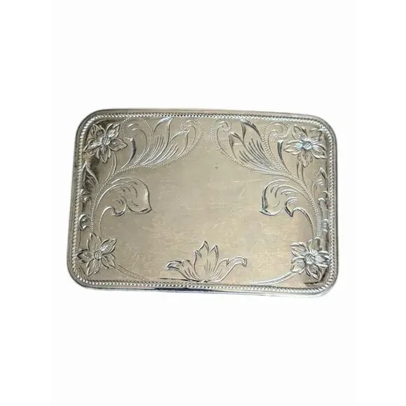 Vintage Belt Buckle Faux Silver with Flower Etching Unbranded 3 1/4 x 2” - Picture 4 of 7